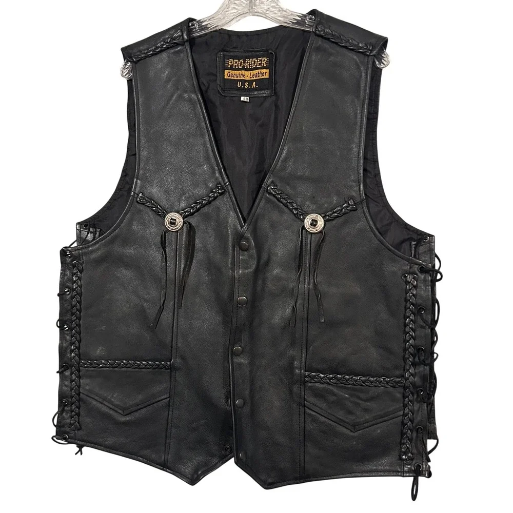 Pro-Rider Mens Black Genuine Leather Biker Vest Braided Concho USA Made Size 48